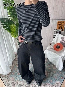 HANEKO y2k メンズ ベーシックバイカラーブラックグレーストライプ 2026ロンt 薄手インナールーズアメリカンリラックス感Tシャツ ロンt　長袖　メンズ ろんt 長袖 メンズ 秋服 秋服メンズ - ブラック - チェックする 3