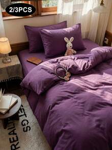 2/3pcs Ultra Soft Solid Deep Purple Duvet Cover Bedding Set, Soft Breathable Wrinkle-Resistant, Helps Sleep, Luxury Hotel Style, Gift For Parents And Friends, Reversible Dual-Color Duvet Cover*1 Pillowcase*1/2, Extra Large/Large/Full/Twin - Purple - View 2