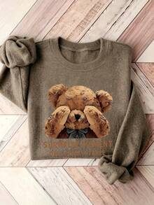 Plus Size Women Surprise Teddy Bear Pattern Casual Crew Neck Pullover Knit Sweater - Earth Gray - View 4