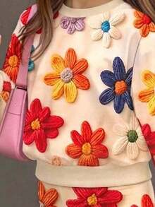 Tween Girl 3D Floral Pattern Decorated Crew Neck Sports Sweatshirt And Flare Pants Set - Khaki - View 4