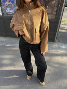 Women's Loose Suede Short Jacket, Exaggerated Shoulder Design With Pockets, Long Sleeve Zipper Collar Autumn Outerwear - Khaki - View 7