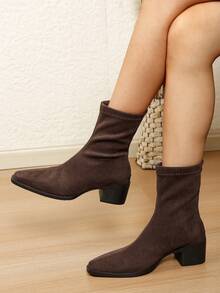 1 Pair Women's Fashion Solid Color Velvet-Feel Sexy Mid-Calf Boots, Versatile Comfortable Slouchy Leg Boots - Brown - View 2