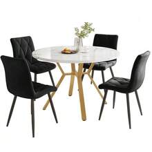 Dining Table And Chairs Set (5 Pieces), Modern And Sleek Round Marble Dining Table Set, Black Metal Table Legs + 4 Ergonomic Green Suede Chairs - Black - View 1