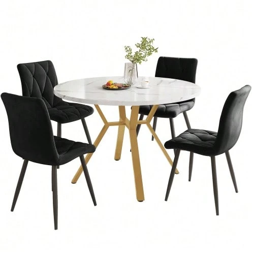 Dining Table And Chairs Set (5 Pieces), Modern And Sleek Round Marble Dining Table Set, Black Metal Table Legs + 4 Ergonomic Green Suede Chairs - Black - View 1