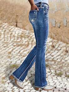 Vintage Washed Distressed Flared Jeans, Women's Mid-Waist Double Button Contrast Stitching Slim Fit Bell Bottom Pants, Essential For Spring, Autumn And Winter - Medium Wash - View 5