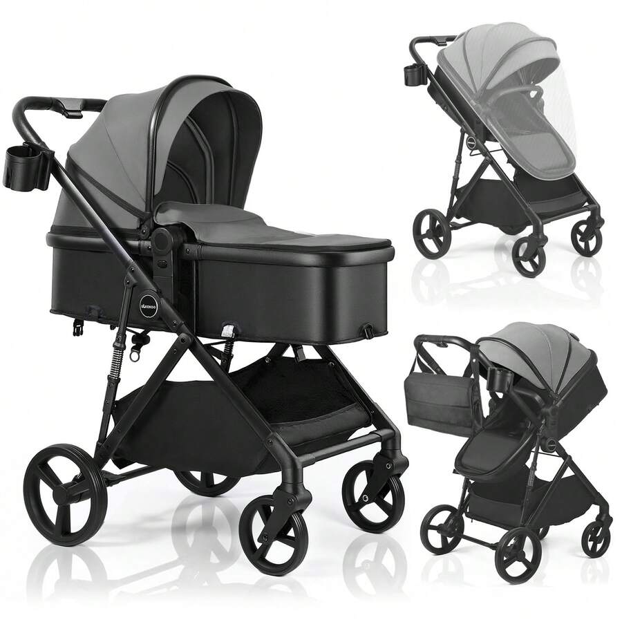 UBRAVOO 2-In-1 Baby Stroller – Foldable, Featuring A Reversible Seat, Canopy, Shopping Basket, And Cup Holder; Lightweight Design. - Black - View 1