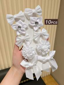 10pcs Pure White Bow Ribbon Hair Clips With Diamonds, Shiny Bow Flower Star Shaped French Style Alligator Hair Clips, Suitable For Party/Daily Wear Women's Small Hair Clips, Women's Hair Accessories, Women's Hair Decoration, Gift Recommendation - White - View 4