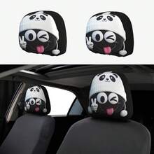 2pcs Double-Sided Printed Car Accessories Cute Tongue Out Peace Sign Cartoon Panda Hat Print Headrest Covers, Soft Short Plush Fabric Skin-Friendly Breathable, Elastic Fit Anti-Slip, Removable Washable Easy Care, Matching Interior Car Seat Covers Neck Support Headrests, Cute Style Car Accessories, Vehicle Decoration Car Parts; Fun Quirky Pattern Popular Among Young Women, Effectively Buffers Neck Pressure During Driving - [Double-sided Printing]2pcs - View 1