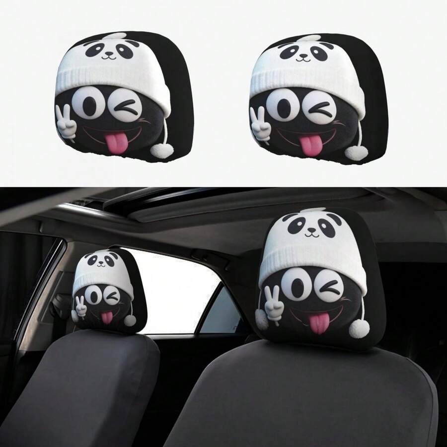 2pcs Double-Sided Printed Car Accessories Cute Tongue Out Peace Sign Cartoon Panda Hat Print Headrest Covers, Soft Short Plush Fabric Skin-Friendly Breathable, Elastic Fit Anti-Slip, Removable Washable Easy Care, Matching Interior Car Seat Covers Neck Support Headrests, Cute Style Car Accessories, Vehicle Decoration Car Parts; Fun Quirky Pattern Popular Among Young Women, Effectively Buffers Neck Pressure During Driving - [Double-sided Printing]2pcs - View 1
