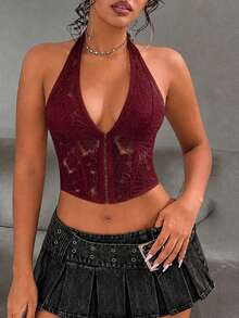 Elegant Sexy Lace Floral Embroidery Bustier Crop Top, Summer Backless Camisole With Steel Rings, Asymmetric Hem, Metal Eyelet Lace-Up, Suitable For Beach Vacation And Dance Festivals - Burgundy - View 3