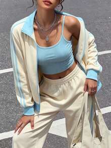Women Fall Elegant Color Block Tracksuit Set, Zip Up Jacket & Elastic Waist Wide Leg Pants Holiday Festival Two Pieces Outfits - Yellow - View 1