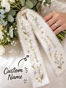 Personalized Wedding Bouquet Ribbon - Customizable Name And Date Floral Tapestry, Perfect For Bridal Shower, Birthday And Graduation Ceremony - Made Of Polyester, Elegant Design, Ideal For Wedding Guest Gifts And Celebration Decor, Sophisticated Style, Exquisite Craftsmanship. - Multicolor - View 1
