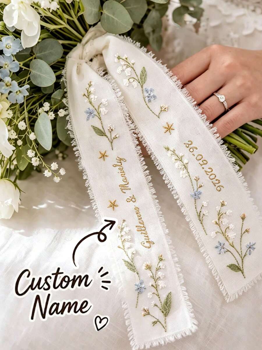 Personalized Wedding Bouquet Ribbon - Customizable Name And Date Floral Tapestry, Perfect For Bridal Shower, Birthday And Graduation Ceremony - Made Of Polyester, Elegant Design, Ideal For Wedding Guest Gifts And Celebration Decor, Sophisticated Style, Exquisite Craftsmanship. - Multicolor - View 1