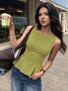 1pc Women's Solid Color Ruffled Knit Top, Casual Summer Wear - Green - View 2