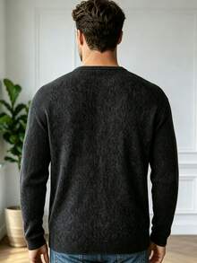 Men's Textured Knit Pullover, Notch Neck Long Sleeve Loose Fit Vintage Sweater, Suitable For Home, Street, Daily Casual Occasions - Black - View 2