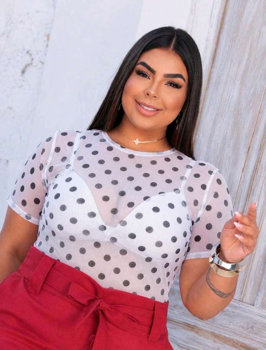 Blusa tule manga curta Plus-size - Branco Poá - Visão 1