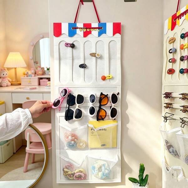 1pc Wall-Mounted Jewelry Organizer, Hanging Hair Accessories Storage Roll With Mesh Pockets, Suitable For Clips, Headbands, Fashion Glasses And Rings, Multi-Layer Felt Display Bag For Bedroom And Girls' Room, White And Beige