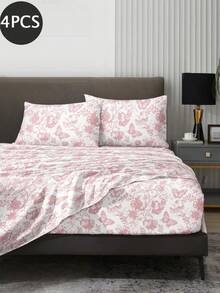 4-Piece Pink Floral Butterfly Pattern Bedding Set Includes 1 Fitted Sheet, 1 Flat Sheet And 2 Pillowcases, Pillow Inserts Not Included. Fitted Sheet Set, Size Options: King, Queen, Full, Twin. Fitted Sheet Deep Pocket Design, Fits Up To 11.8 Inch Mattress. Soft And Breathable, Wrinkle-Resistant - Pink - View 2