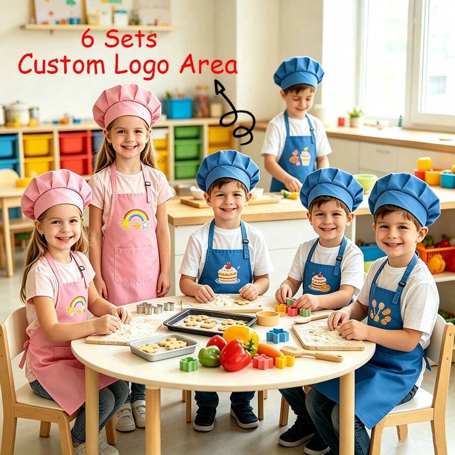 6pcs Customizable Kids Chef Apron & Hat Set, With Pockets, Adjustable Neck Strap, Personalized Logo & Pattern Printing, Suitable For Boys & Girls Baking, Cooking Role Play, Kindergarten Cooking Scene Anti-Dirt Apron - Multicolor - View 1