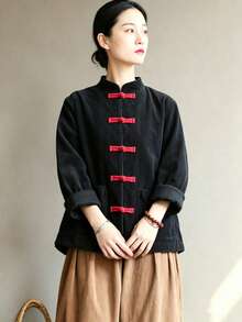 Jaket Korduroi Wanita Gaya Cina dengan Kancing Katak, Kerah Tegak, Lengan Panjang, Longgar, Pendek, dan Kantong Tempel - Hitam - View 5