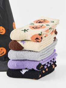 1/2/3 Pairs Of Plush Socks With Ghost And Bat Patterns, Cute And Fun Halloween Socks, Winter Women's Long Stockings And Pumpkin Socks For Couples - Multicolor - View 5