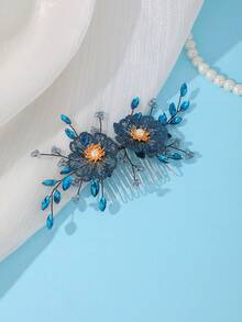 3pcs Bohemian Style Purple-Blue Gradient Floral Hair Combs With Rhinestone Flowers And Pearls, Bridal Back Head Hair Accessories - Multicolor - View 8
