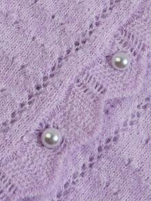Cardigan Rajut Wanita Warna Ungu Muda, Tepi Bergelombang, Leher V, Tekstur Berongga, Kancing Mutiara, Lengan Panjang, Jaket Rajut, Musim Gugur - Mauve Purple - View 8