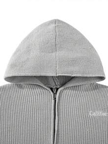 Men's Solid Color Hooded Sweater, Autumn/Winter Versatile Double Zipper Front Open With Pockets - Grey - View 4
