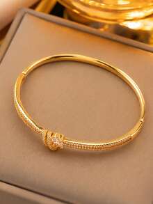 1pc Luxury Gold Copper Inlaid Cubic Zirconia Knot Teardrop Decor Bangle For Women Daily Party Dating Jewelry Gift - Multicolor - View 3