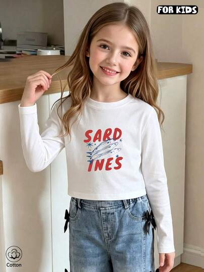 Kids Casual Long Sleeve Crew Neck Tee With Red Letter And Blue Fish Print, Breathable Cotton Blend, Spring Fall Daily Wear, Inner Layer Or Standalone
