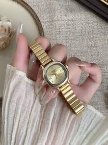 1件女款圓形石英手錶，金色錶盤搭配混合時標，時尚優雅設計，適合日常配戴 - 金色 - 查看 3
