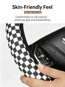 1PC Simple Retro Checkered Car Steering Wheel Cover, All Seasons, Universal For Men And Women, Breathable, Slip-Resistant, Absorbs Sweat, Car Accessory For Vehicle Interior. - Multicolor - View 4
