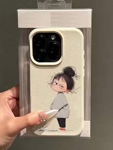 1件卡通小女孩個性化表情圖案磨砂荔枝紋全鏡頭TPU防摔時尚手機殼，適用於 18 17 16 15 14 13 12 11 Pro Max、A56/55/54/53/52/51、S25/24/23/22/21 Ultra系列，防指紋保護殼 - 彩色 - 查看 3