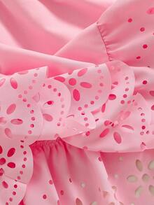 Girls' Summer Solid Color Dress, Sweet Vintage Style, Exquisite Hollow Out Detail Design, Perfect For Daily Wear Or Photo Shoots - Pink - View 7