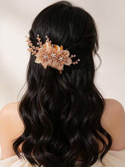3pcs Bohemian Style Champagne Fabric Flower Hair Combs With Gold Branch Leaves And Crystal Beads