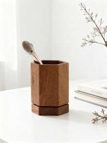 LEEAN 360° Rotatable Walnut Wood Pen Holder, Rotating Desktop Pencil Cup, Multi‑Purpose Wooden Organizer For Pens, Pencils, Makeup Brushes, Office Vanity Desk Storage Decor - 12.2*9cm - View 6