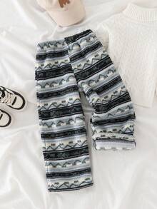 1pc Autumn/Winter 3-7Y Kids Fleece Random Asymmetrical All-Over Print Long Pants, Suitable For Daily Wear And Outdoor Casual Activities - Multicolor - View 1