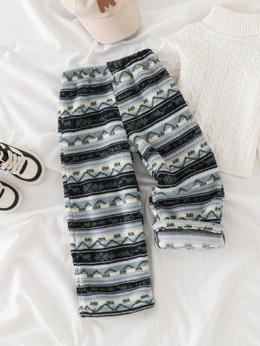 1pc Autumn/Winter 3-7Y Kids Fleece Random Asymmetrical All-Over Print Long Pants, Suitable For Daily Wear And Outdoor Casual Activities - Multicolor - View 1