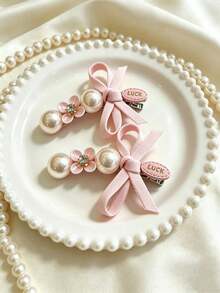 2pcs Pink Bow Pearl Hair Clips, Cute Flower Rhinestone Decor, Women Girls Daily Party Hair Accessories - Multicolor - View 4