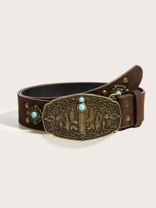 1pc Western Style Unique Vintage Floral Print Women's Belt, Decorated With Turquoise And Rhinestones, Bohemian Belt Suitable For Jeans, Music Festivals, Gifts, Commuting And Outings - Patterned Turquoise - View 15