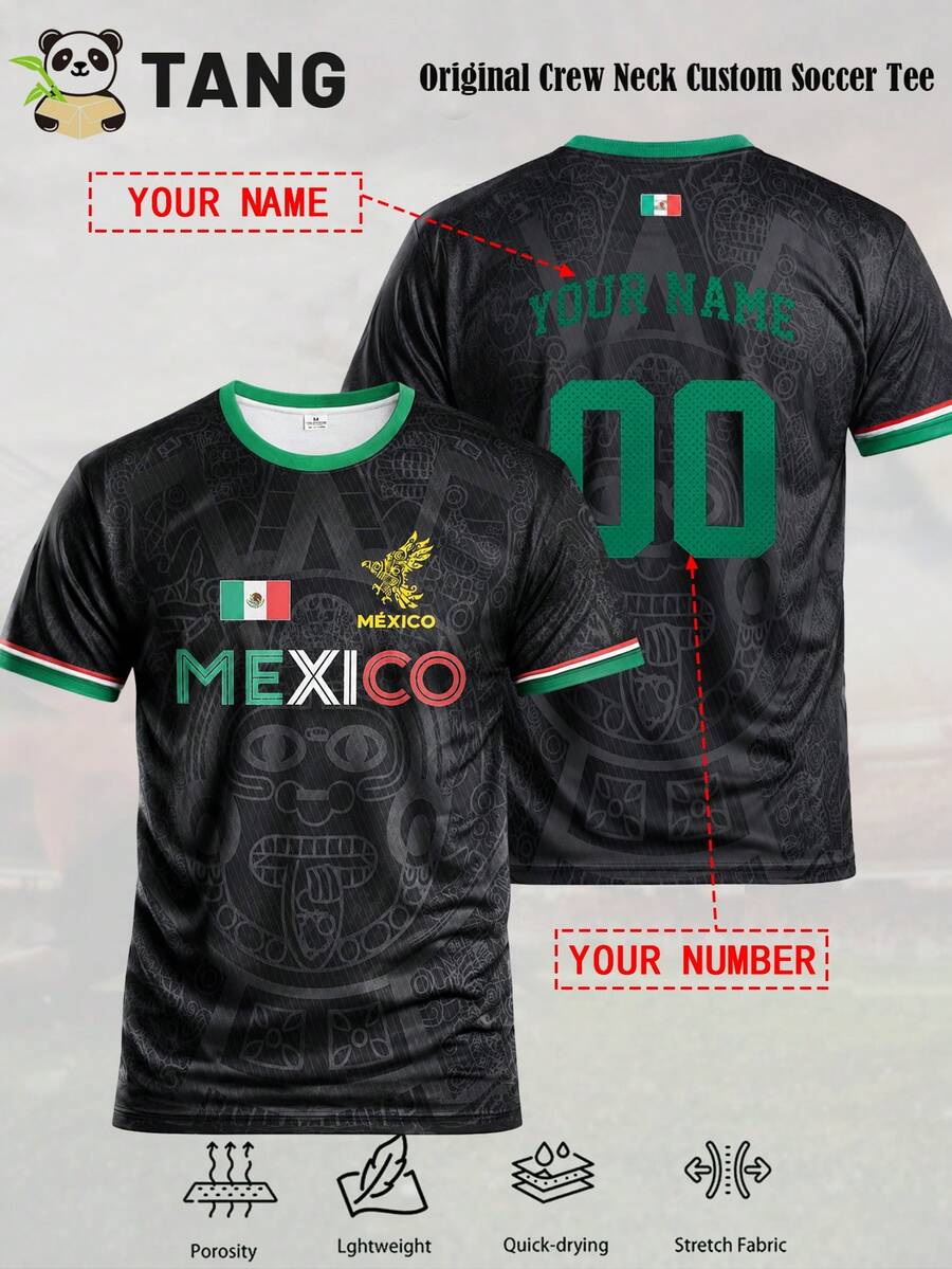 Mexico Style Customized Men's Soccer Jersey & Customizable Name & Number & Round Neck Lightweight Soccer Sports Top & Suitable For Soccer Matches, Training, Daily Wear, Gifts