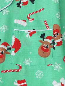 2pcs/Set Comfortable Christmas Reindeer Print Long Sleeve Lapel Top And Bowknot Long Pants Women's Pajama Set - Green - View 4