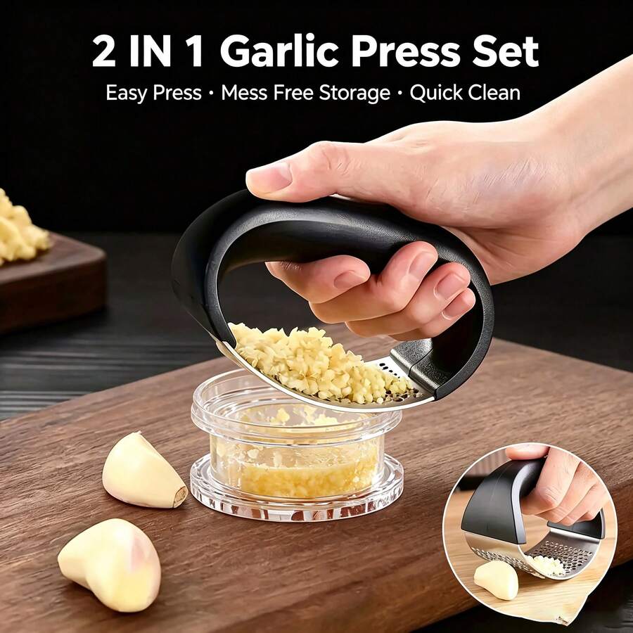1Set Ergonomic Curved 2‑In‑1 Garlic Press Set, Labor‑Saving Stainless Steel Garlic Mincer With Clear Storage Container, Easy‑Clean Handheld Ring‑Shape Garlic Crusher Gadget For Home Cooking, Sauce Making, Hot Pot, Daily Kitchen Meal Prep
