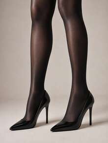 1Pair Women's Deep Red Opaque Tights, High-Stretch Pantyhose For Night Out, Party, Date Night & Daily Wear - Black - View 4