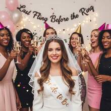 4pcs Bachelorette Party Decorations, Bride & Groom Sash, Crown/Tiara, Veil, Engagement Party Accessories, Bridal Shower Gift - Multicolor - View 4