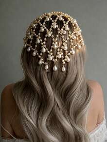 Bohemian Style Bling Pearl Tassel Head Chain, Fashionable Party & Banquet Exquisite Sparkling Head Jewelry Accessory - Gold - View 1