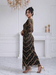 JINLICX 優雅黑色珠飾V領晚禮服 - 黑色 - 查看 6
