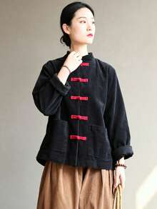 Jaket Korduroi Wanita Gaya Cina dengan Kancing Katak, Kerah Tegak, Lengan Panjang, Longgar, Pendek, dan Kantong Tempel - Hitam - View 6