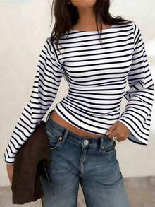 2pcs Women's Striped Knit Long Sleeve Tops, Boat Neck With Lantern Sleeves, Medium Stretch Fabric, Regular Length For Spring And Autumn - Blue Stripes + Black Stripes - View 4