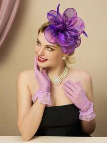 3Pcs Fascinators Hats And Lace Gloves Set For Women Tea Party Hat And Gloves Set For Cocktail, Wedding, Fancy Dress Party - Multicolor - View 3
